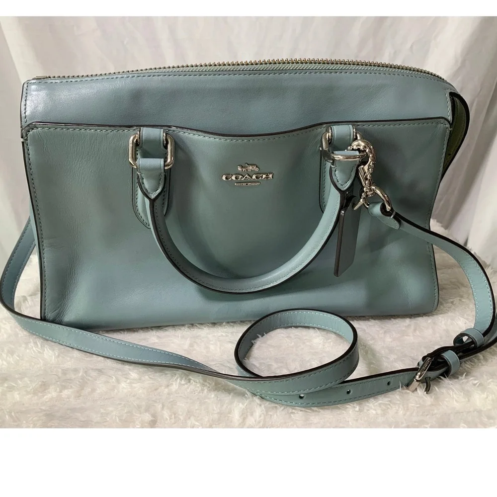Coach Light Blue Leather Satchel Bag Silver Hardware Top Handle Zip Closure#869